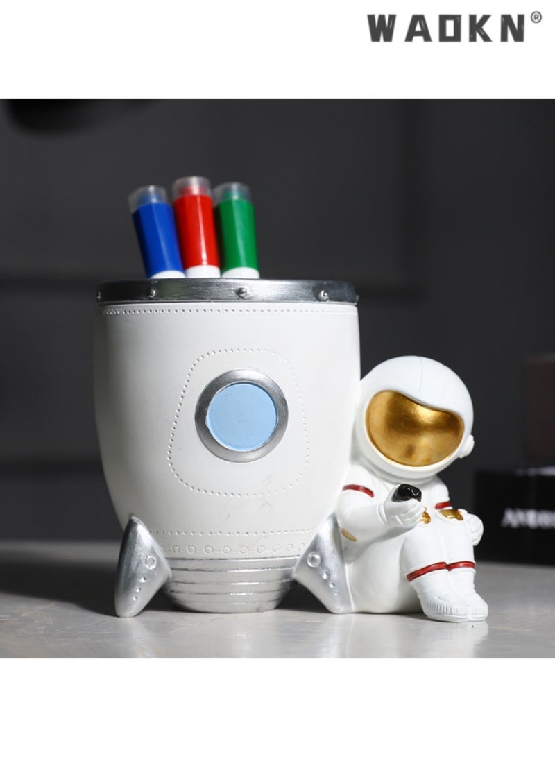 WAOKN Astronaut Pen Holder Desk Decor, Durable Resin Desk Organizer, Makeup Brush Holder Statues Sculpture Figurine Ornament, Decorative Accessories for Office, Classroom, Home (white) - Image 1