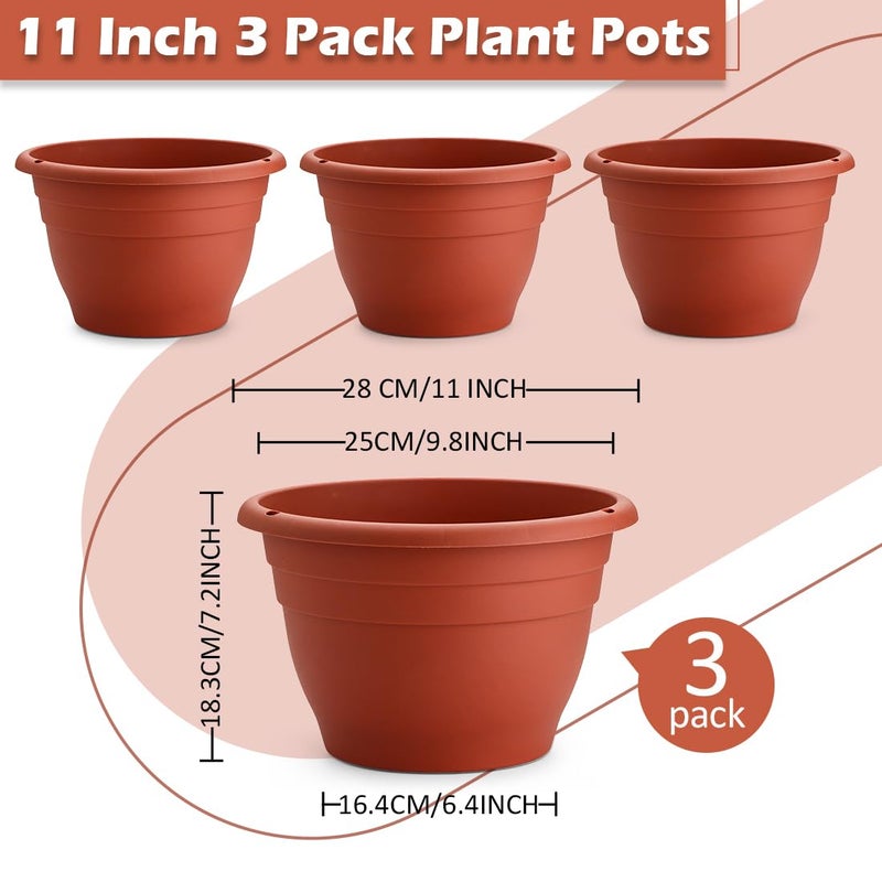 RooTrimmer 3 Pack 11 Inch Plant Pots with Drainage,Terracotta Plastic Planters for Indoor Outdoor Plants,Hanging Flower Pots for Patio,Garden,Balcony (Pottery Red) - Image 2