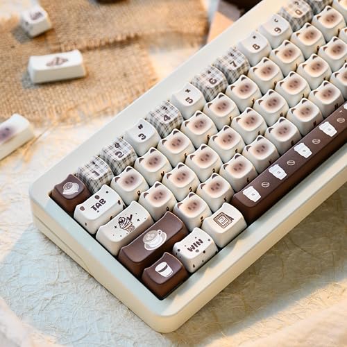 GEKUCAP Coffee Theme Siamese Cat Keycaps, 133 Keys Cute Mao Profile Keycap Dye-Sublimation, Custom Cat Shaped PBT Keycaps for Cherry Gateron MX Swithes Mechanical Gaming Keyboards - Image 1