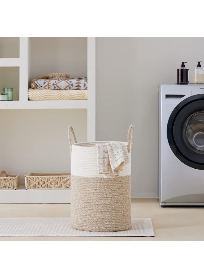 Beauenty Large Laundry Hamper, Tall Woven Rope Storage Basket for Blanket, Toys, Dirty Clothes in Living Room, Bathroom, Bedroom - 58L White & Brown - Image 5