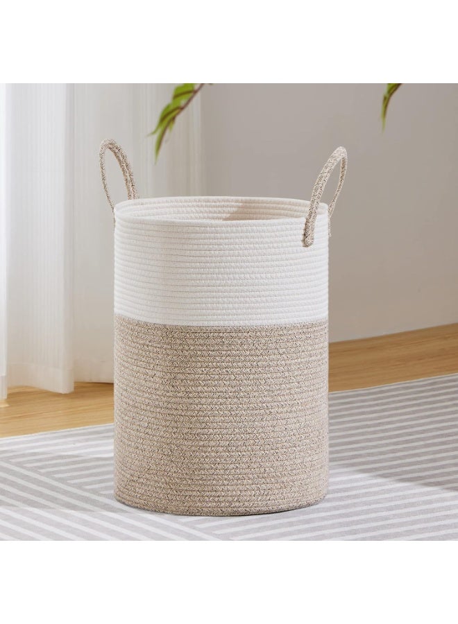 Beauenty Large Laundry Hamper, Tall Woven Rope Storage Basket for Blanket, Toys, Dirty Clothes in Living Room, Bathroom, Bedroom - 58L White & Brown - Image 1