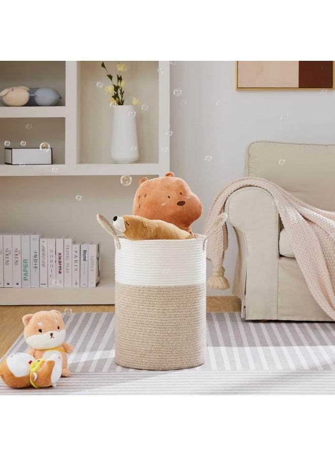 Beauenty Large Laundry Hamper, Tall Woven Rope Storage Basket for Blanket, Toys, Dirty Clothes in Living Room, Bathroom, Bedroom - 58L White & Brown - Image 2