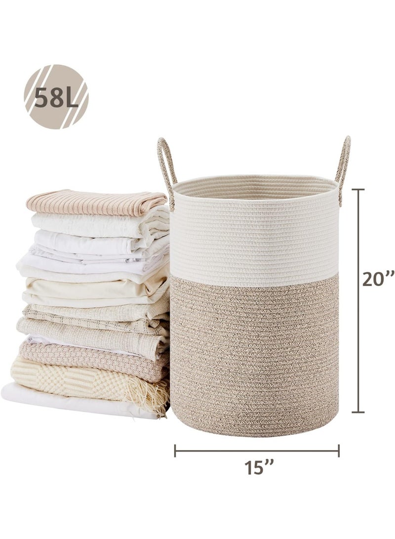 Beauenty Large Laundry Hamper, Tall Woven Rope Storage Basket for Blanket, Toys, Dirty Clothes in Living Room, Bathroom, Bedroom - 58L White & Brown - Image 3