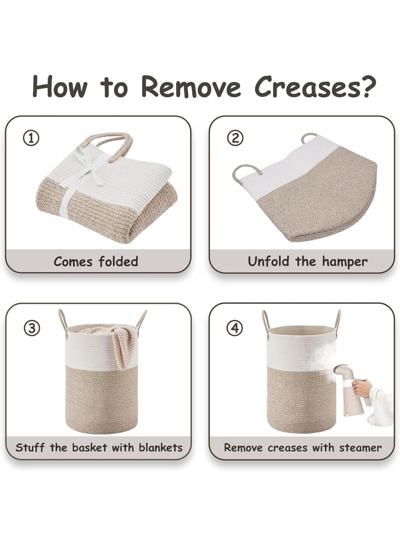 Beauenty Large Laundry Hamper, Tall Woven Rope Storage Basket for Blanket, Toys, Dirty Clothes in Living Room, Bathroom, Bedroom - 58L White & Brown - Image 4