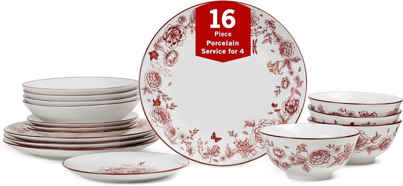 Stone Lain Esme 16Piece Dinnerware Set Porcelain Plates and Bowls Set Dish Set for 4 Cereal and Pasta Bowls Microwave and Dishwasher Safe Red - Image 1