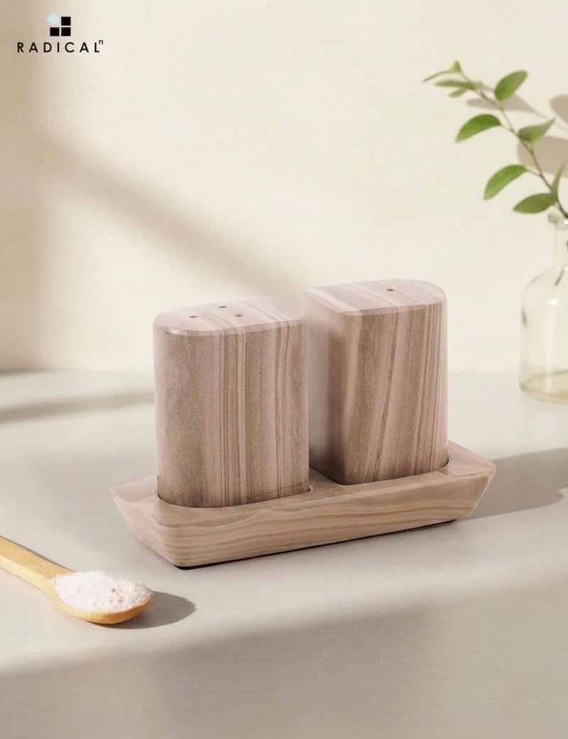 Radicaln Marble Salt & Pepper Shakers Set 2.5" Natural Brown Modern Kitchen Essentials for Cooking and Dining, Stone Spice Holder & Saleros for Black Pepper, Pink Salt - Image 2