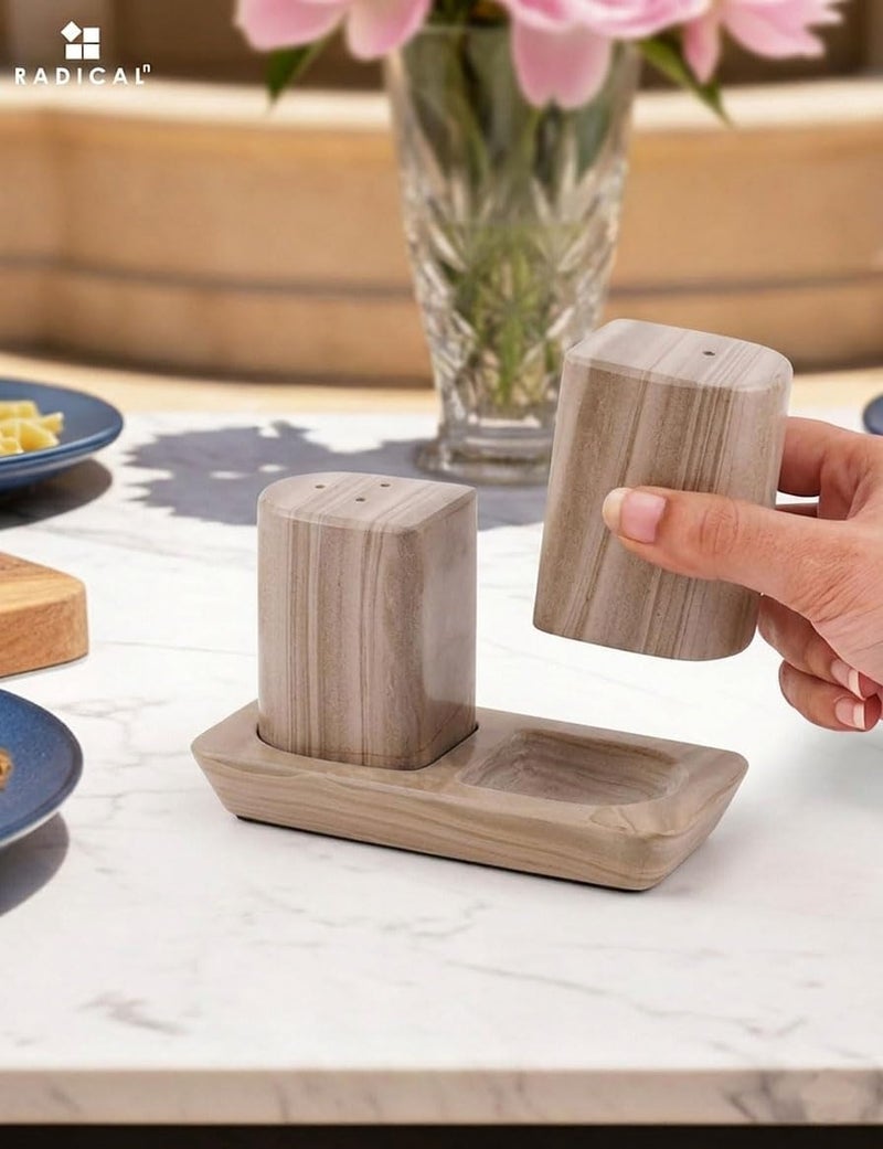 Radicaln Marble Salt & Pepper Shakers Set 2.5" Natural Brown Modern Kitchen Essentials for Cooking and Dining, Stone Spice Holder & Saleros for Black Pepper, Pink Salt - Image 4