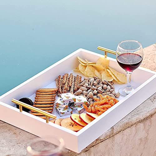 DDS Dream Decor Shoppee Rectangular Shape Serving Tray,Tray For Coffee Table With Polished Metal Handles, Living Room Bed Room Coffee Bar Organizer Modern Decorative Tray (White) - Image 1