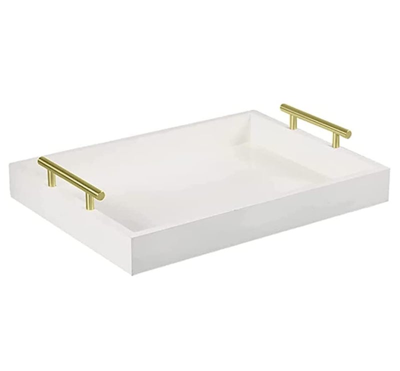 DDS Dream Decor Shoppee Rectangular Shape Serving Tray,Tray For Coffee Table With Polished Metal Handles, Living Room Bed Room Coffee Bar Organizer Modern Decorative Tray (White) - Image 5