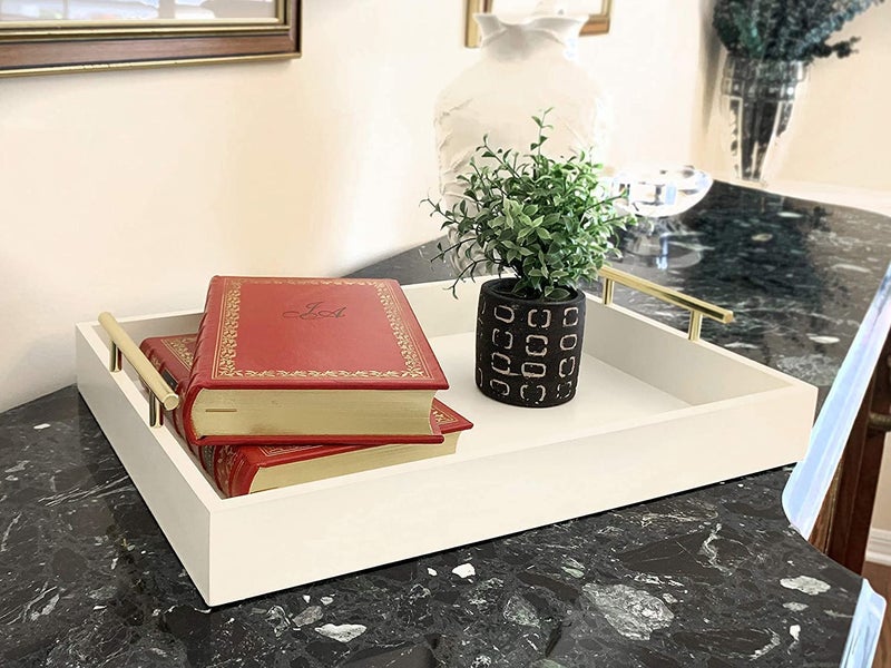 DDS Dream Decor Shoppee Rectangular Shape Serving Tray,Tray For Coffee Table With Polished Metal Handles, Living Room Bed Room Coffee Bar Organizer Modern Decorative Tray (White) - Image 3