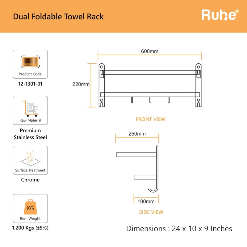 Ruhe® Dual Folding Towel Rack | Premium Grade Stainless Steel Dual Folding Towel Rack/Towel Holder/Towel Stand/Accessories for Bathroom and Kitchen | (24 Inches) - Image 2