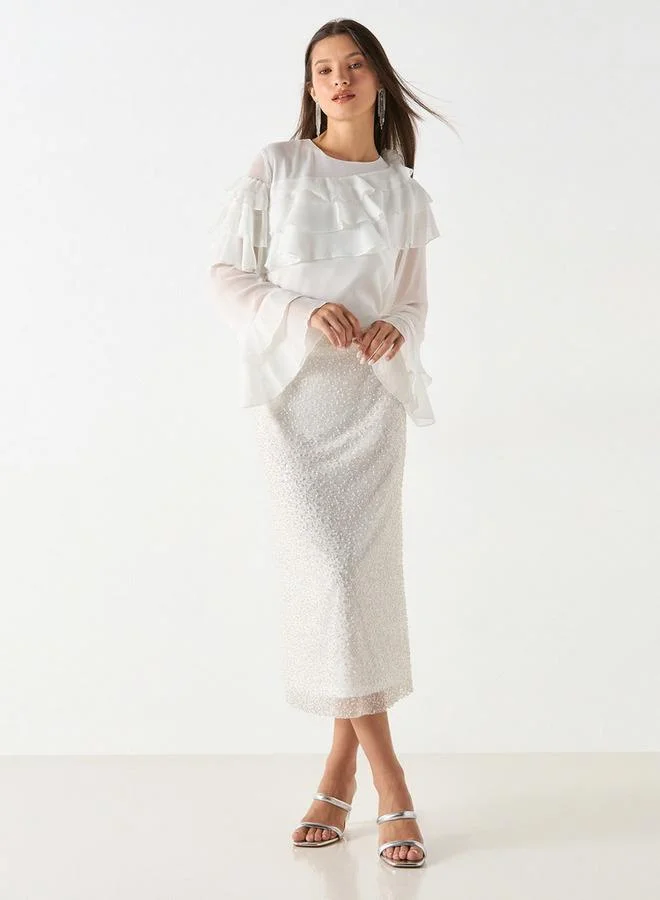 Iconic Iconic Textured Top with Long Sleeves and Ruffle Detail