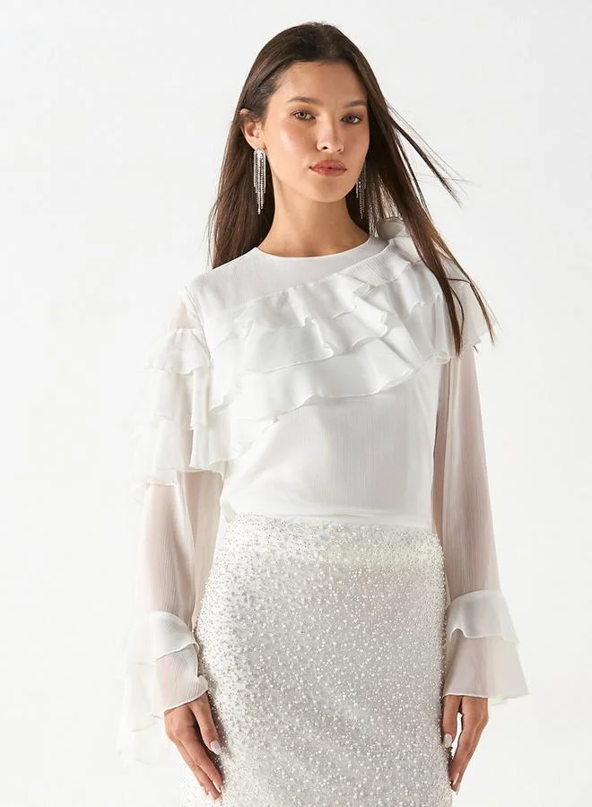 Iconic Iconic Textured Top with Long Sleeves and Ruffle Detail