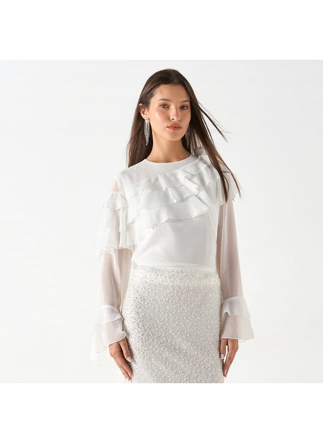 Iconic Iconic Textured Top with Long Sleeves and Ruffle Detail  - Image 1