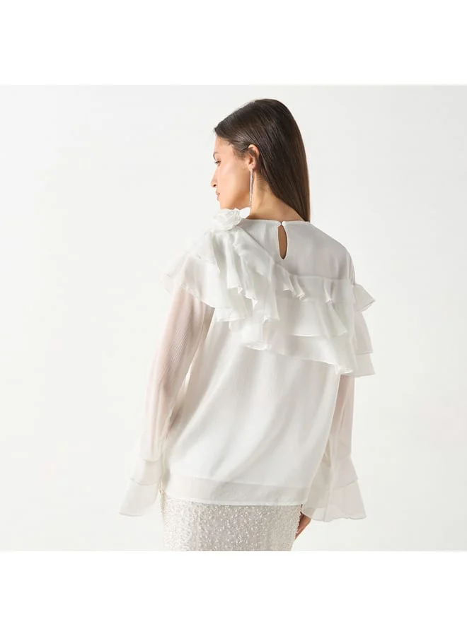 Iconic Iconic Textured Top with Long Sleeves and Ruffle Detail