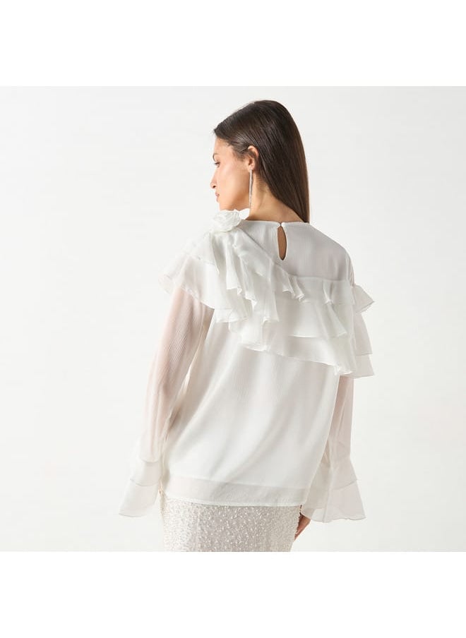 Iconic Iconic Textured Top with Long Sleeves and Ruffle Detail  - Image 3