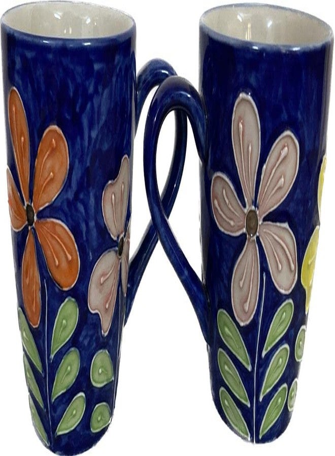 Mirakii 240ml Handmade & Handpainted Floral Ceramic Coffee Mug, Microwave Oven & Dishwasher Safe, Set of 2, Cup Perfect for Milk, Tea, Mug Cake (Dark Blue) - Image 1
