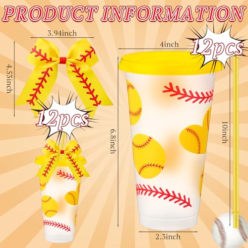 Skylety 12 Sets Sports Plastic Tumbler with Lid and Straw Bow Decorated 24oz Reusable Ball Themed Plastic Cups Sports Gifts for Fan Friend Birthday Ball Team Party SuppliesSoftballYellow - Image 3