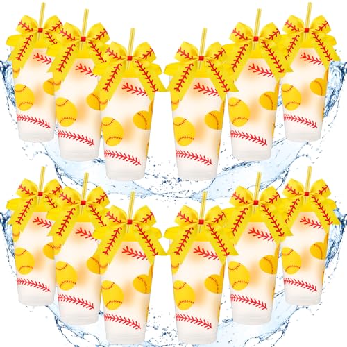 Skylety 12 Sets Sports Plastic Tumbler with Lid and Straw Bow Decorated 24oz Reusable Ball Themed Plastic Cups Sports Gifts for Fan Friend Birthday Ball Team Party SuppliesSoftballYellow - Image 1