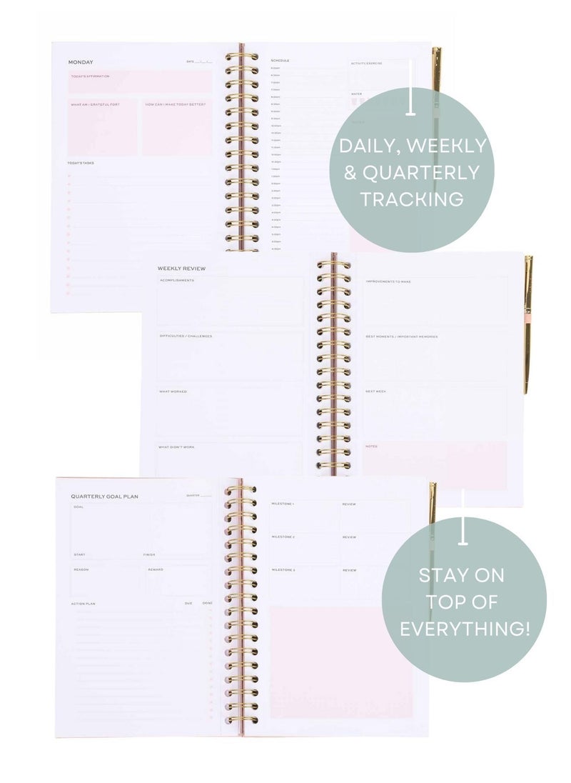 Prickly Pear Achievher 'Rose' Linen Ringbound B5 Size 90 Day Planner, Pen Included  - Image 4