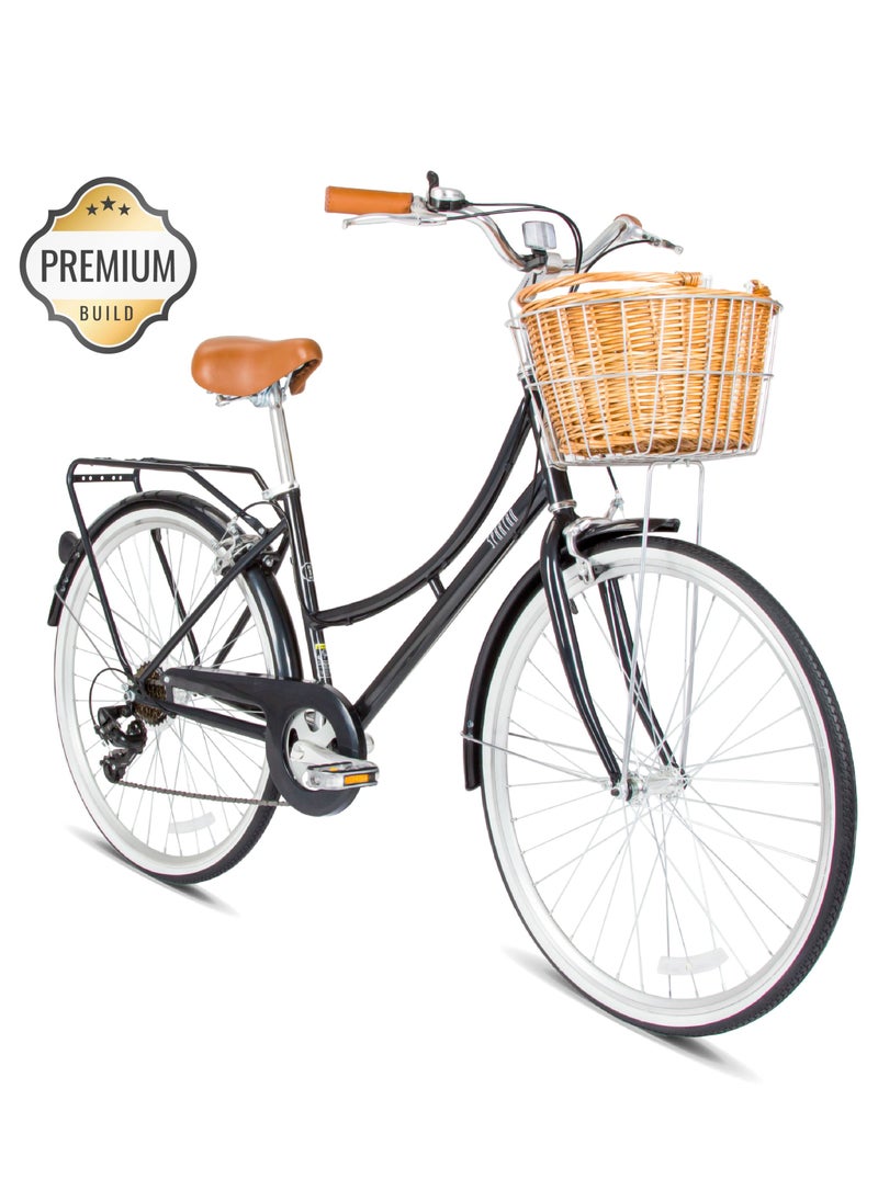 Spartan Platinum City Bike – 700C – Bikes With Gears For Women – Cruiser Bicycle For Ladies – Includes Rear Rack, Vintage Basket And Stand, Comfort Saddle – Commuter Bicycles - Space Black  - Image 1