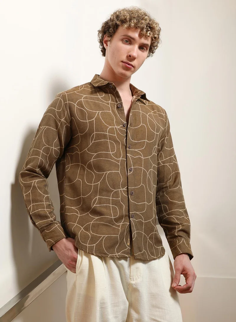 Campus Sutra Men's Brown Abstract Print Cotton Blend Full Sleeve Shirt