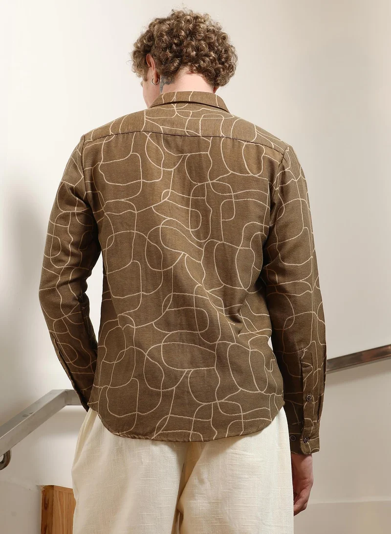 Campus Sutra Men's Brown Abstract Print Cotton Blend Full Sleeve Shirt