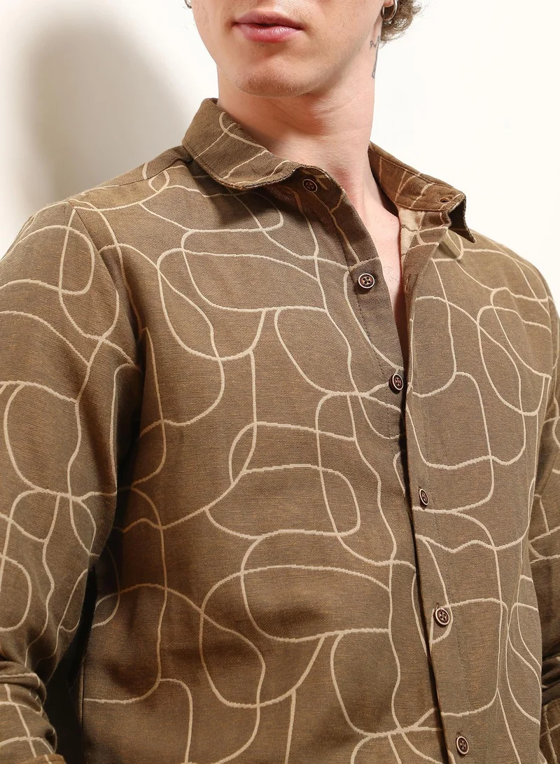 Campus Sutra Men's Brown Abstract Print Cotton Blend Full Sleeve Shirt