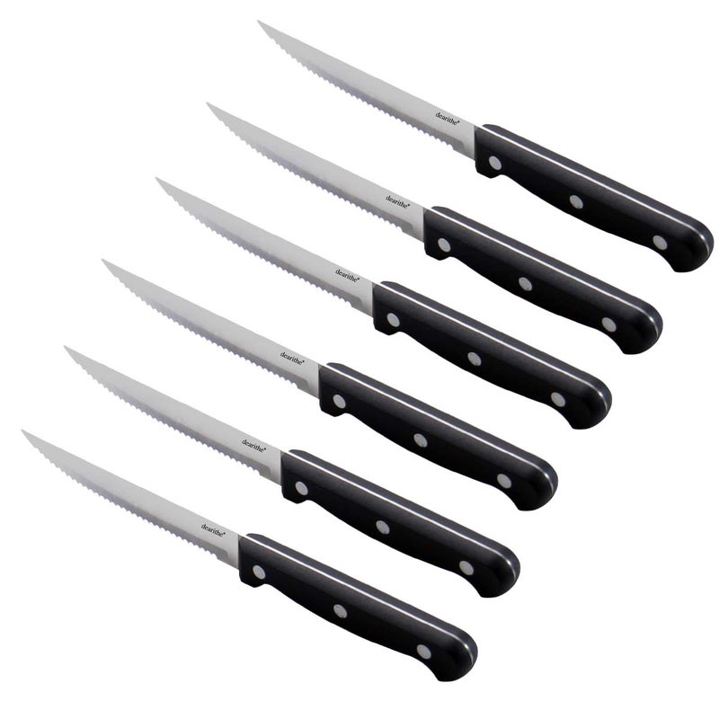 dearithe Steak Knives Set of 6 Black FullTang Triple Rivet Serrated Stainless Steel Sharp Blade Flatware Steak Knife Set 45 Inches For Restaurant Kitchen Camping Dishwasher Safe
