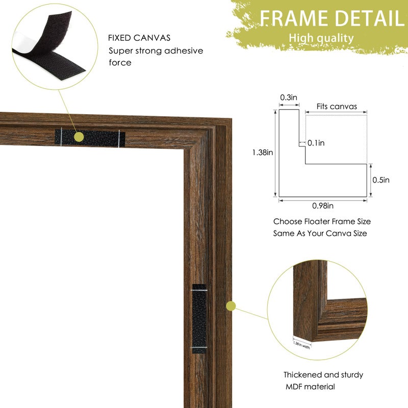 Abtgt 12x16 Canvas Floating Frame with 0.9" Deep, Brown Floater Frame for Canvas Paintings with Adhesive, Vertical or Horizontal Wall Art frame for Prints Oil Painting Diamond Decor, 1 Pack. - Image 4