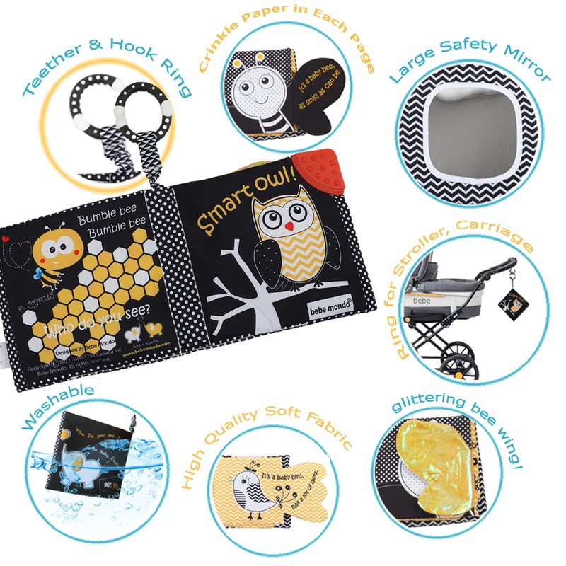 Bebe Mondo Touch and Feel Cloth Crinkle Books for Babies Infant, Baby Books Toys 0-3-6-12 Months, Christmas Shower Baby Gifts, High Contrast Toys,Teething Teethers, Tummy Time Mirror Toys for Boys and Girls-Owl - Image 4