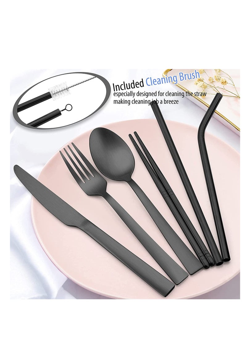 Excefore Matte Black Travel Equipment With Box Portable Stainless Steel Cutlery Reusable Camping Set Including Knife Fork Spoon Chopsticks Straw Cleaning Brush (8-Piece Set)  - Image 3