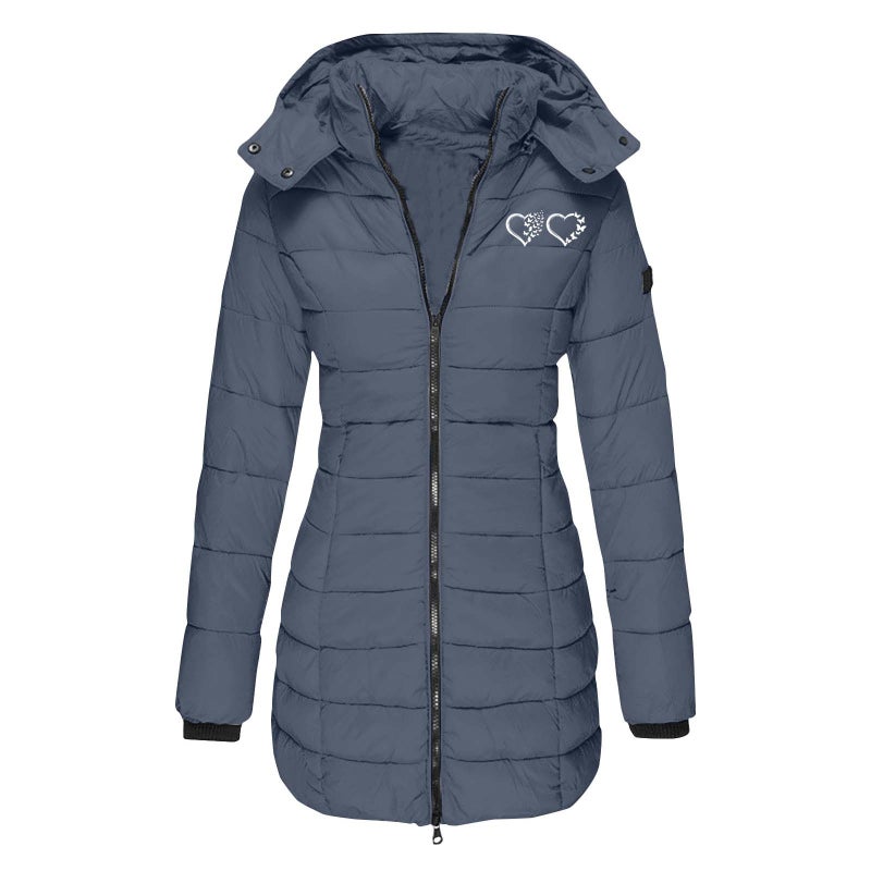 European size cross-border winter womens cotton-padded jacket mid-length slim-fit cotton-padded jacket warm solid color hooded cotton-padded jacket printing Navy blue - Image 1