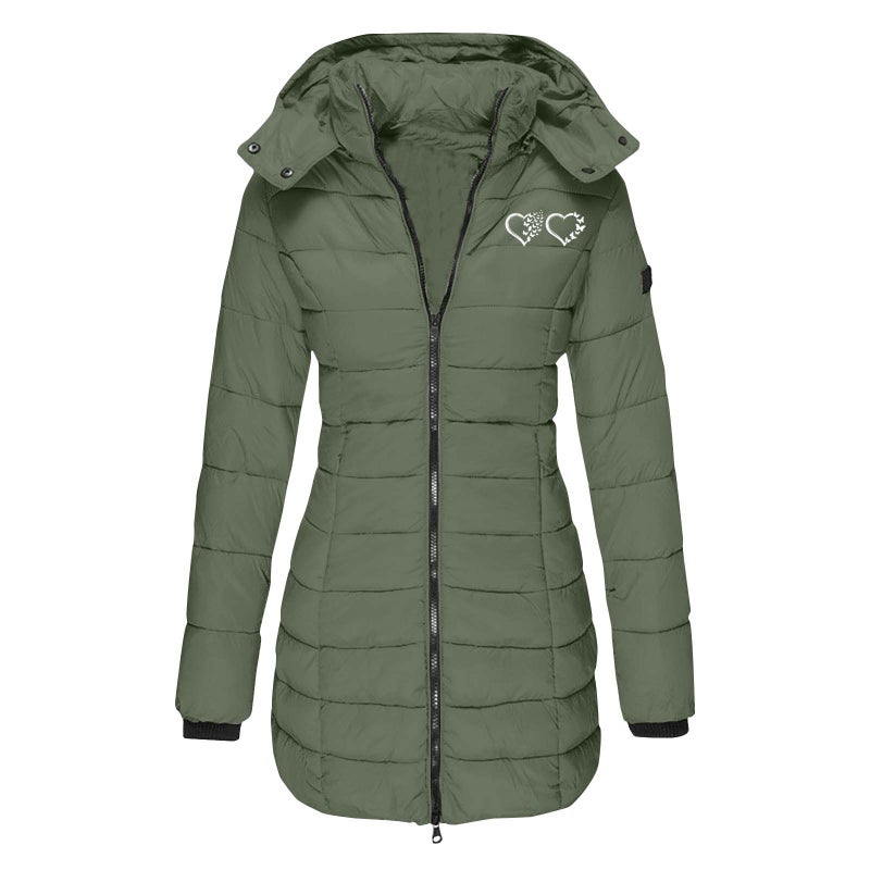 European size cross-border winter womens cotton-padded jacket mid-length slim-fit cotton-padded jacket warm solid color hooded cotton-padded jacket printing Navy blue - Image 2