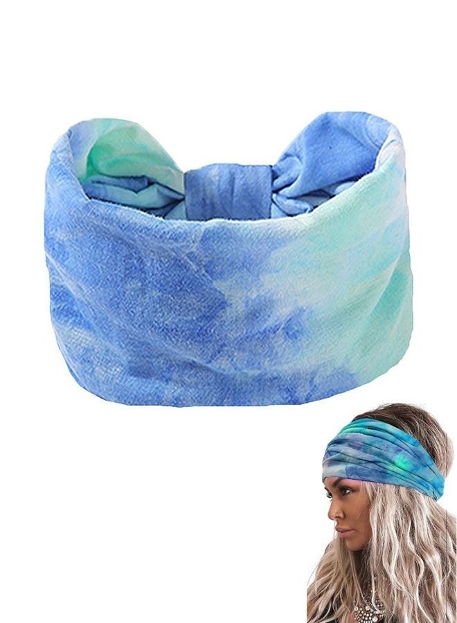 Generic Boho Elastic Tie Dye Wide Headbands, Cotton Breathable Non Slip Knot Head Wraps Yoga Sweatbands, Hair Scarf Fashion Hair Accessories for Sport Workout Running (Blue) - Image 1
