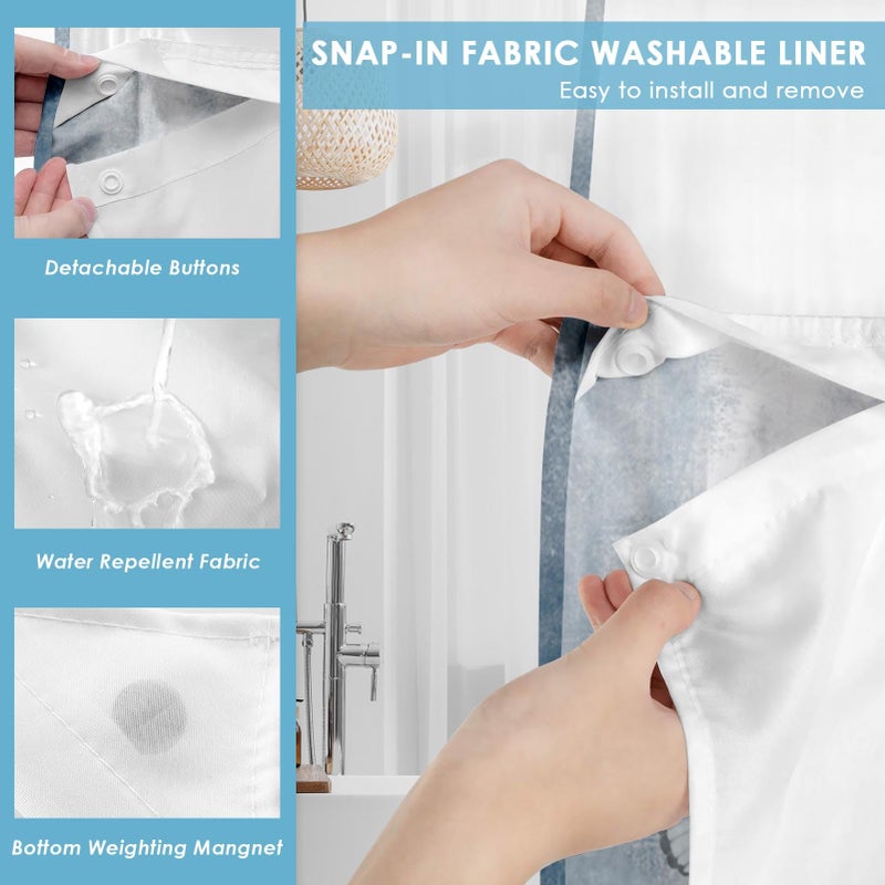 Nesphy No Hook Rustic Farmhouse Shower Curtain with Snap in Fabric Liner Set, Blue Daisy Flowers and Butterfly on Country Wooden Double Layers Waterproof with See Through Top Bath Curtain 71x74 Inch - Image 3