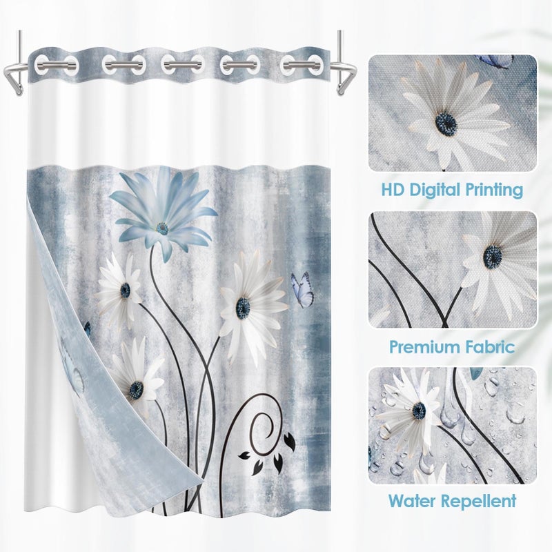 Nesphy No Hook Rustic Farmhouse Shower Curtain with Snap in Fabric Liner Set, Blue Daisy Flowers and Butterfly on Country Wooden Double Layers Waterproof with See Through Top Bath Curtain 71x74 Inch - Image 2