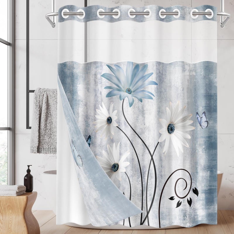 Nesphy No Hook Rustic Farmhouse Shower Curtain with Snap in Fabric Liner Set, Blue Daisy Flowers and Butterfly on Country Wooden Double Layers Waterproof with See Through Top Bath Curtain 71x74 Inch - Image 1