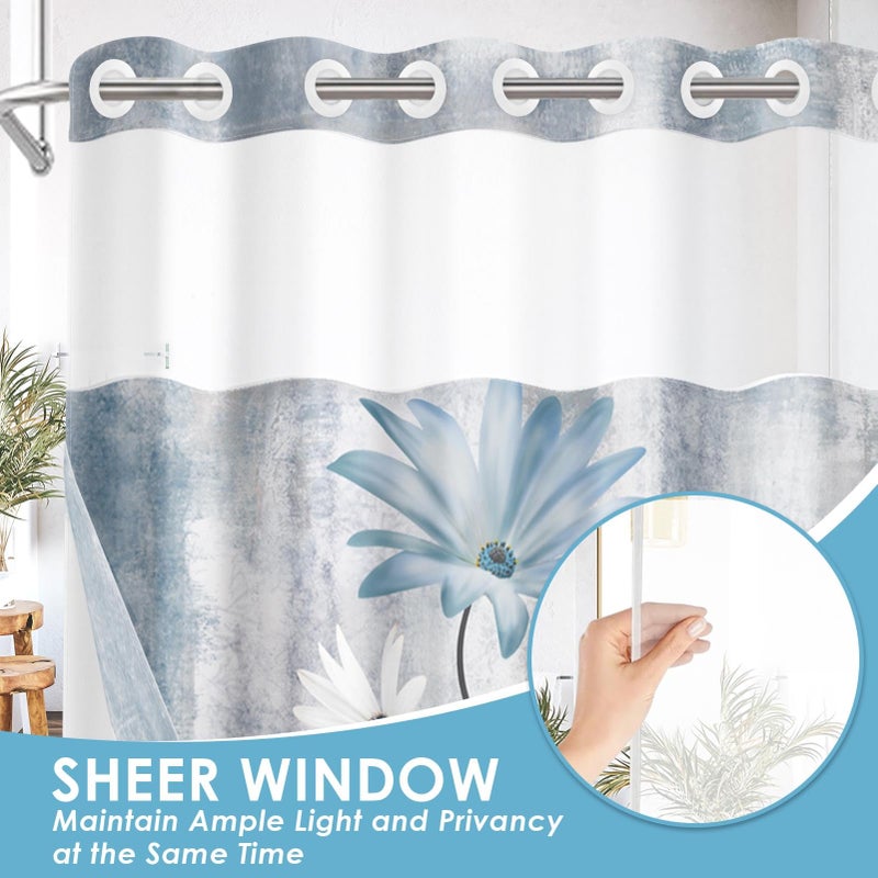 Nesphy No Hook Rustic Farmhouse Shower Curtain with Snap in Fabric Liner Set, Blue Daisy Flowers and Butterfly on Country Wooden Double Layers Waterproof with See Through Top Bath Curtain 71x74 Inch - Image 4