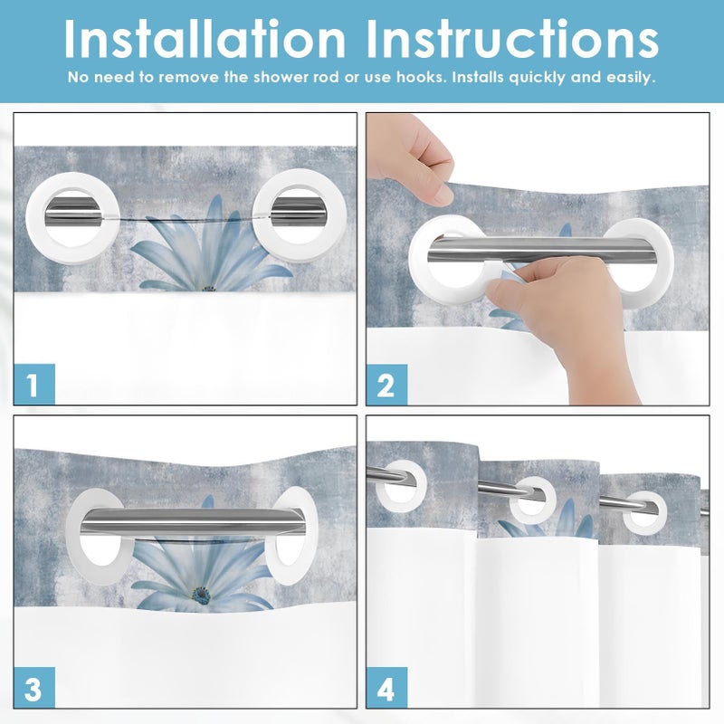 Nesphy No Hook Rustic Farmhouse Shower Curtain with Snap in Fabric Liner Set, Blue Daisy Flowers and Butterfly on Country Wooden Double Layers Waterproof with See Through Top Bath Curtain 71x74 Inch - Image 5