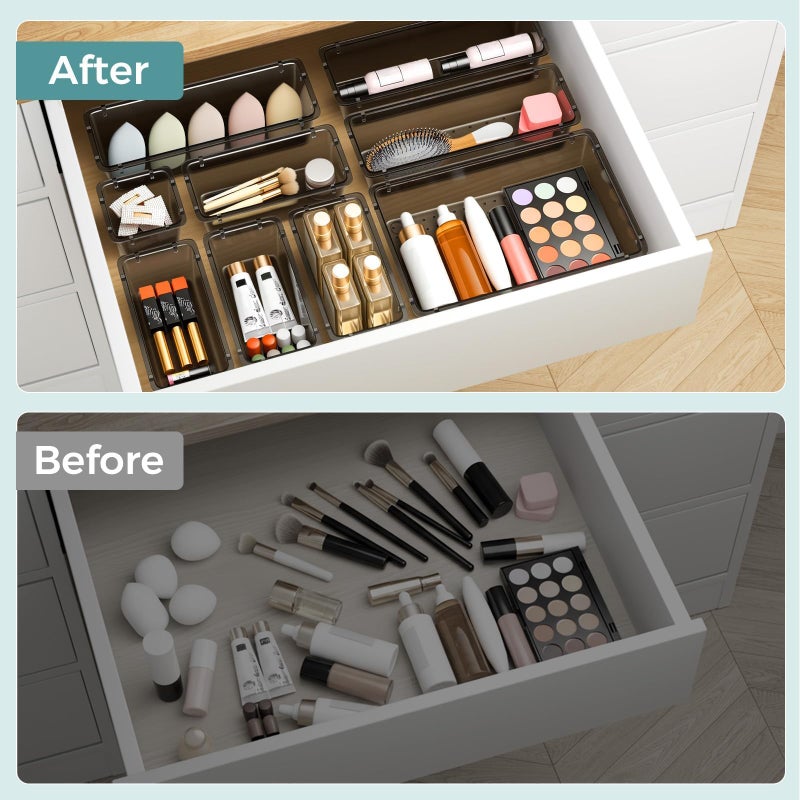 WOWBOX 44 PCS Clear Plastic Drawer Organizer Set, 4 Varied Size storage Bins and Desk Drawer Organizer tool Trays for Makeup, Gadgets, Jewelry and Utensils in Bathroom, Bedroom and Office, Clear Black - Image 5