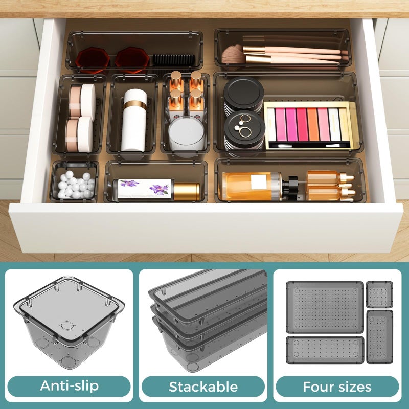 WOWBOX 44 PCS Clear Plastic Drawer Organizer Set, 4 Varied Size storage Bins and Desk Drawer Organizer tool Trays for Makeup, Gadgets, Jewelry and Utensils in Bathroom, Bedroom and Office, Clear Black - Image 3
