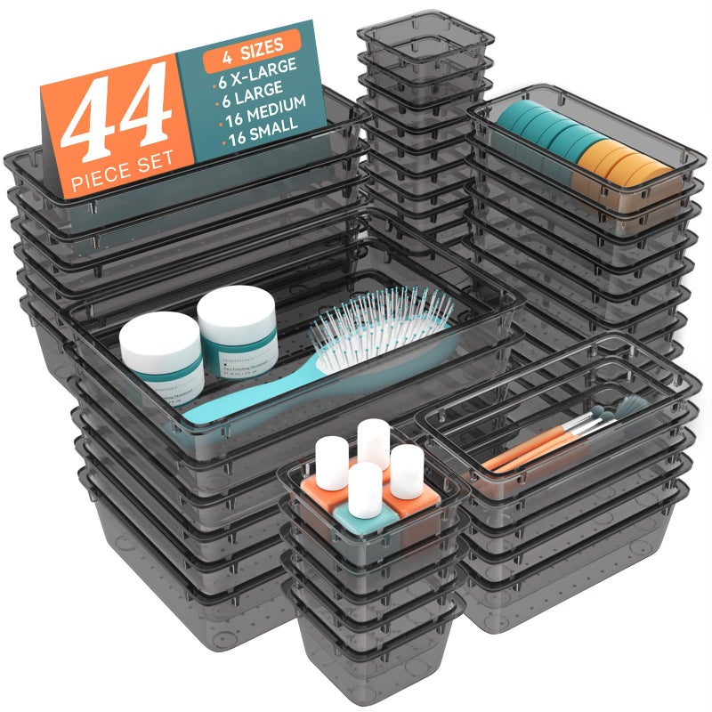 WOWBOX 44 PCS Clear Plastic Drawer Organizer Set, 4 Varied Size storage Bins and Desk Drawer Organizer tool Trays for Makeup, Gadgets, Jewelry and Utensils in Bathroom, Bedroom and Office, Clear Black - Image 1