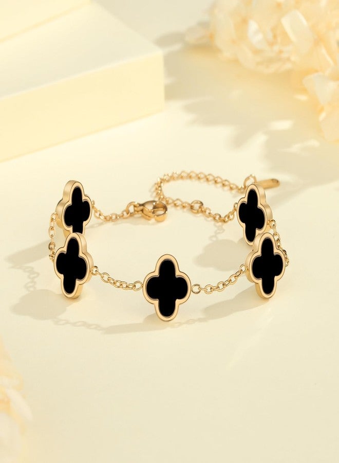 HAITTY 18K Gold Plated Clover Bracelet Set for Women White/Black/Gold/Silver/Green/Pink Adjustable Link Double-Sided Lucky Bracelets Trendy Bracelets Set Jewelry Gifts for Women Men, Large, Stainless - Image 5