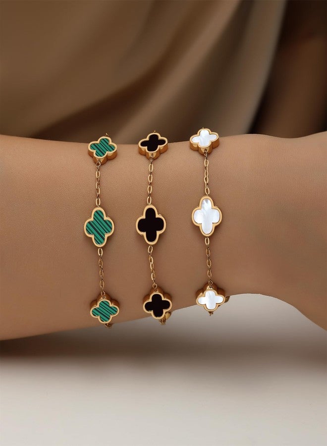 HAITTY 18K Gold Plated Clover Bracelet Set for Women White/Black/Gold/Silver/Green/Pink Adjustable Link Double-Sided Lucky Bracelets Trendy Bracelets Set Jewelry Gifts for Women Men, Large, Stainless - Image 3