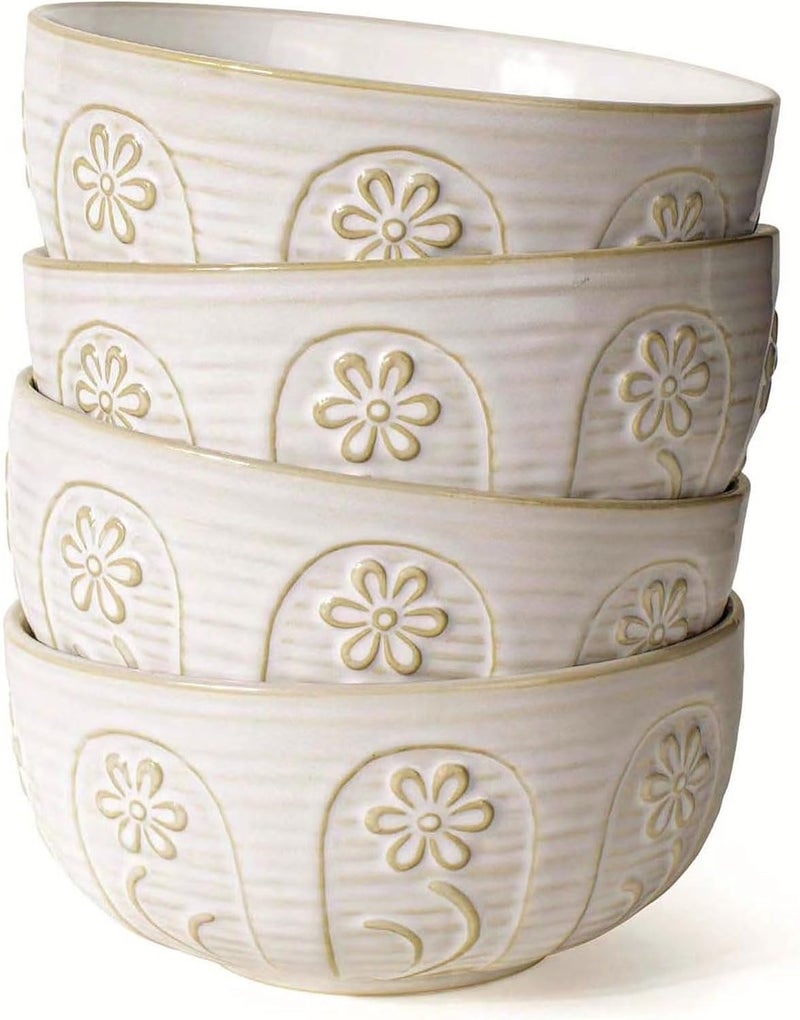 Artena Soup Bowls 32 OZ Cereal Bowls Set of 4 White Embossment Ceramic Ramen Bowl for Salad Dinner Pho Noodle Pasta Snacks Dishwasher Microwave Safe 63 Inch Pinwheel Flower - Image 1