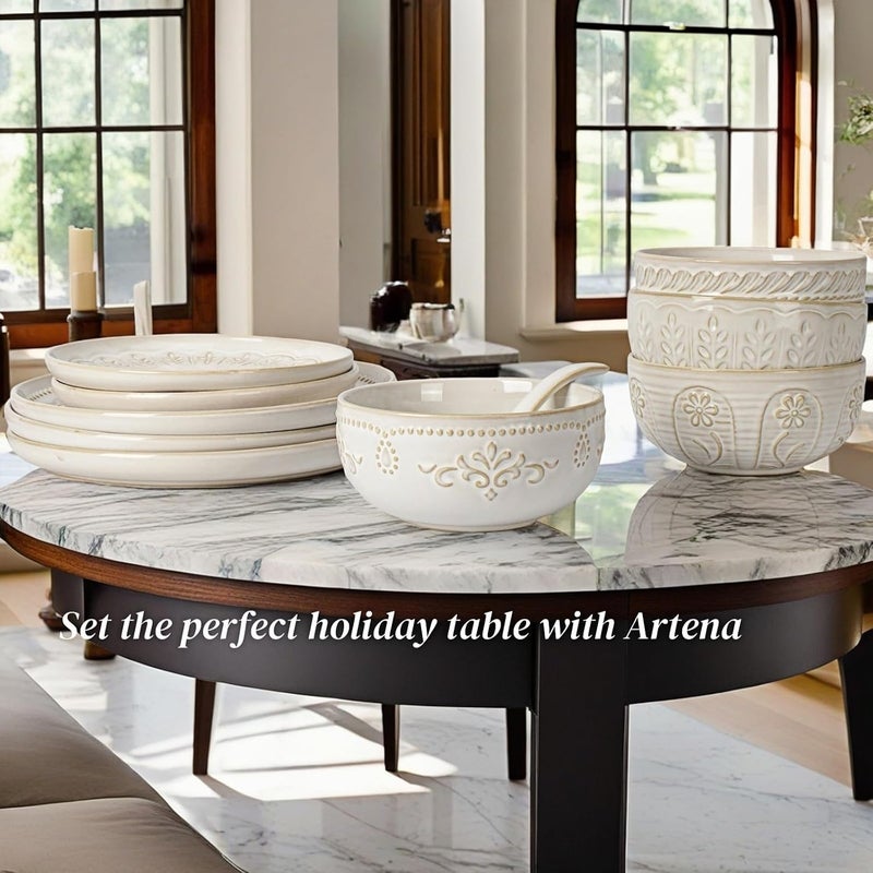 Artena Soup Bowls 32 OZ Cereal Bowls Set of 4 White Embossment Ceramic Ramen Bowl for Salad Dinner Pho Noodle Pasta Snacks Dishwasher Microwave Safe 63 Inch Pinwheel Flower - Image 5