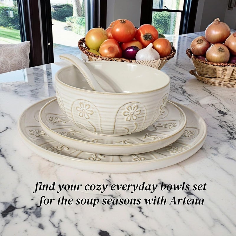 Artena Soup Bowls 32 OZ Cereal Bowls Set of 4 White Embossment Ceramic Ramen Bowl for Salad Dinner Pho Noodle Pasta Snacks Dishwasher Microwave Safe 63 Inch Pinwheel Flower - Image 3