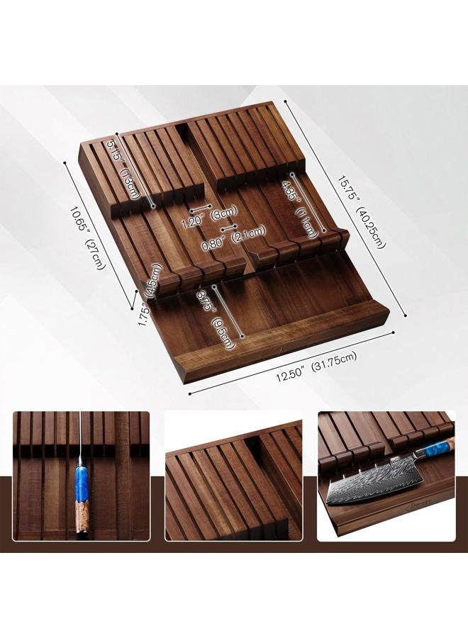Senken Knives SENKEN In-Drawer Knife Block, Natural Acacia Wood Kitchen Knife Drawer Organizer, Holds 16 Knives + 1 Sharpener Slot for 17 Total Slots, Includes Steak Knife Slots, Space Saving Knife Storage Solution - Image 4