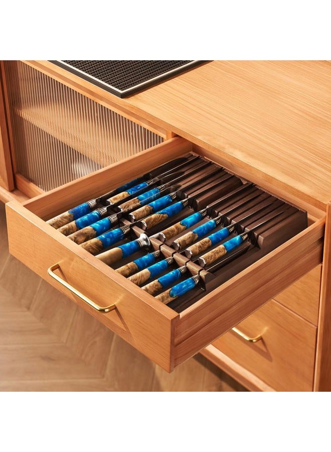Senken Knives SENKEN In-Drawer Knife Block, Natural Acacia Wood Kitchen Knife Drawer Organizer, Holds 16 Knives + 1 Sharpener Slot for 17 Total Slots, Includes Steak Knife Slots, Space Saving Knife Storage Solution - Image 3